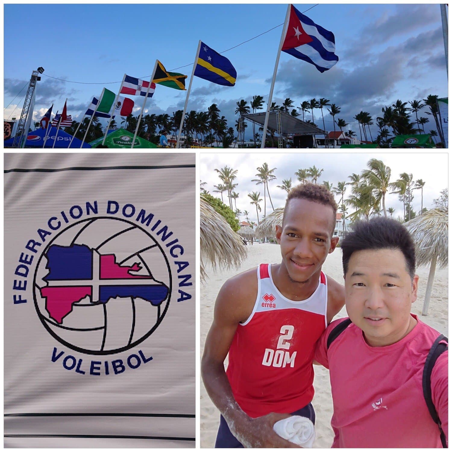 A collage: national flags above a beach venue, the Federacion Dominicana de Voleibol logo, and Dr. Koh with a player in a red Dominican Republic jersey