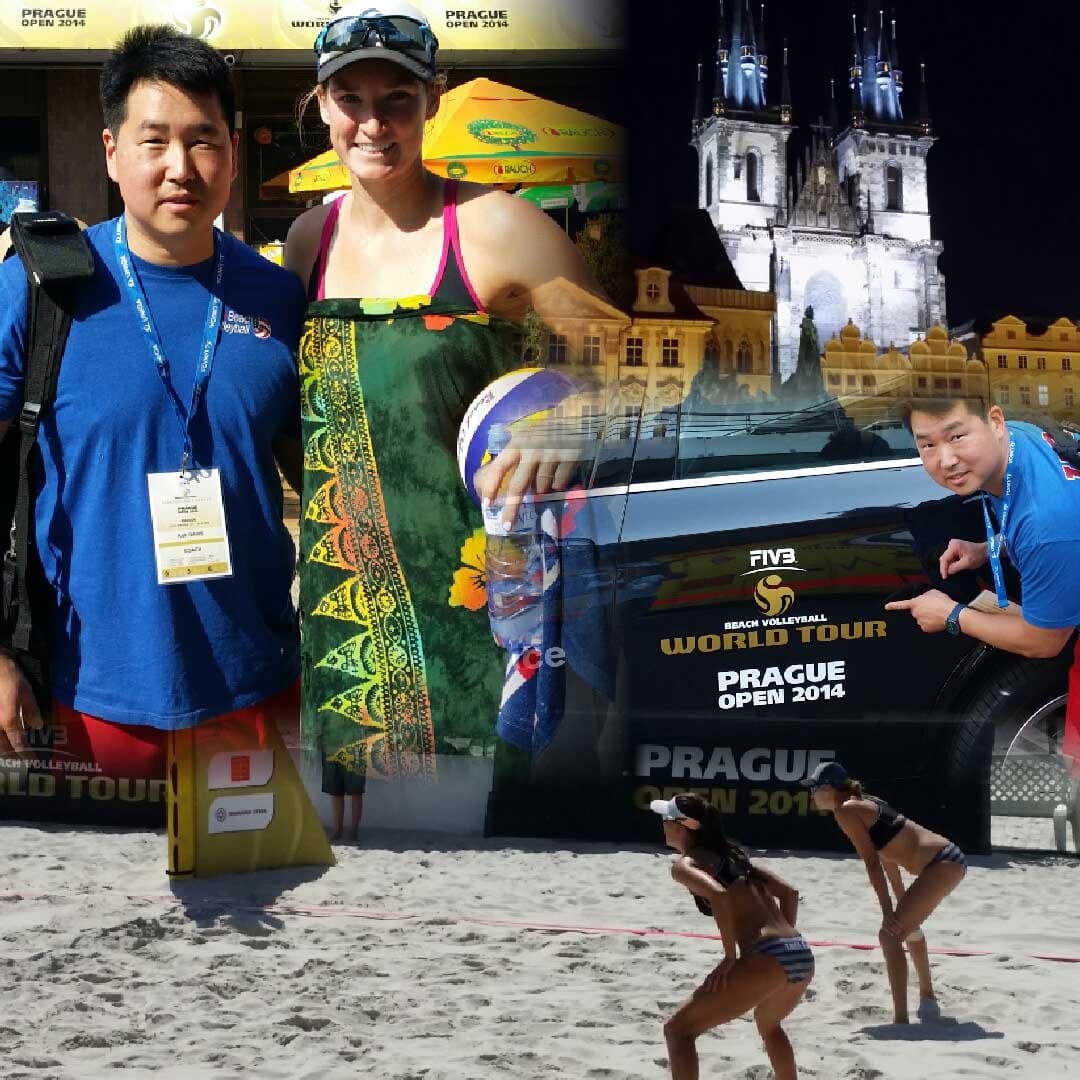 A collage from the FIVB World Tour Prague Open 2014: Dr. Koh with a player, Dr. Koh beside an event car, and players on the sand