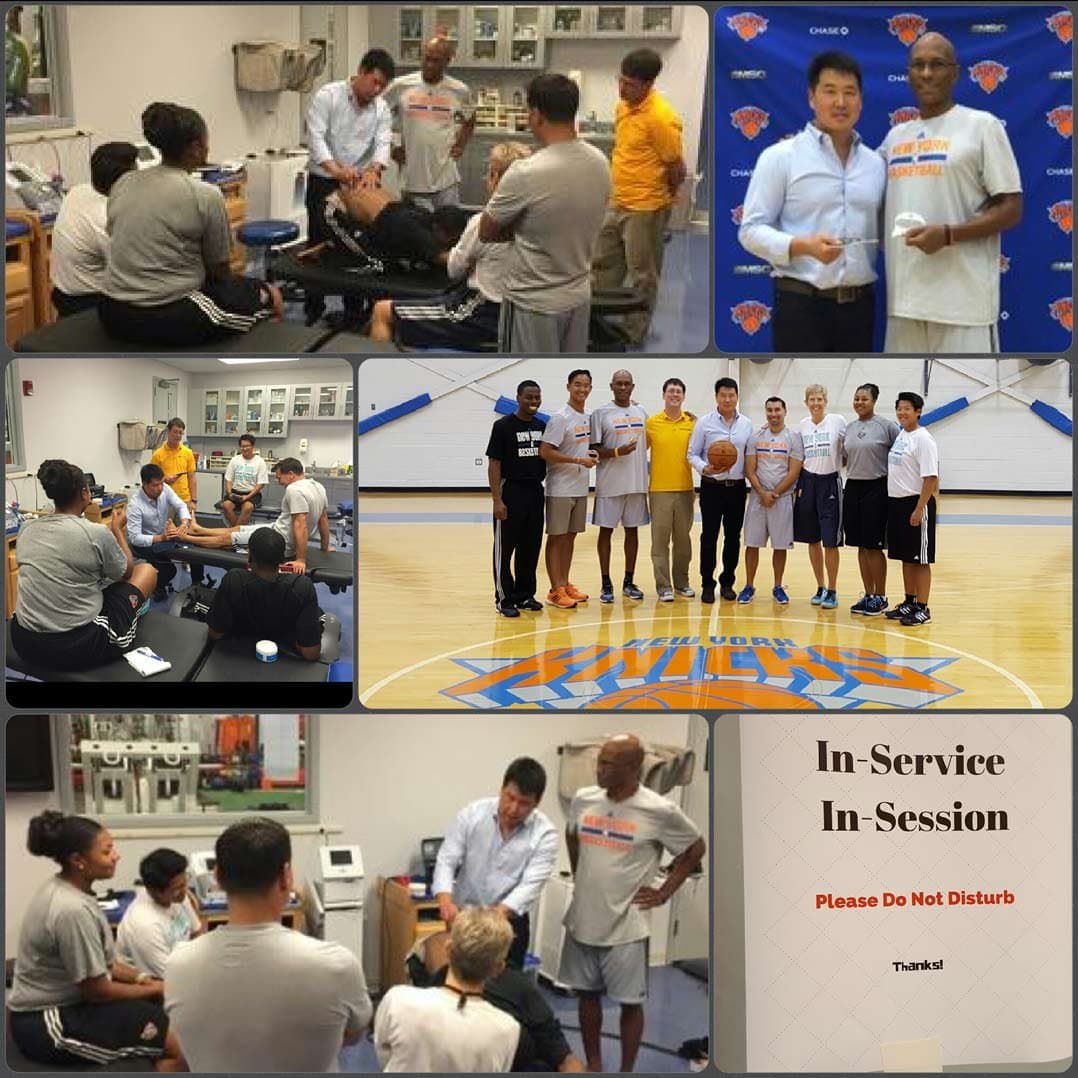 A collage from the session: Dr. Koh demonstrating techniques on a treatment table to staff in Knicks shirts, the group posing at center court on the New York Knicks logo, Dr. Koh with a staff member in front of a Knicks backdrop, and a sign reading In-Service In-Session, Please Do Not Disturb