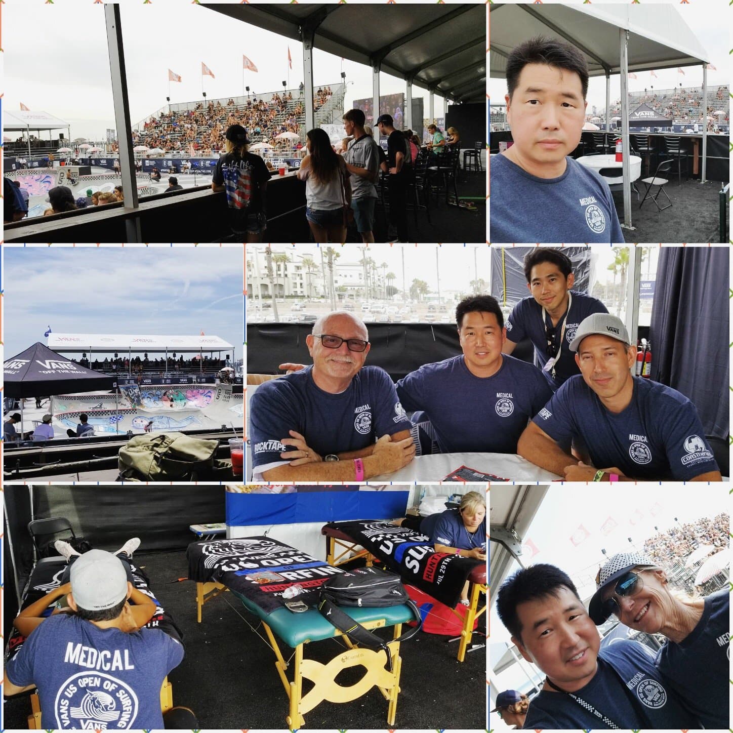 A collage from the medical tent: Dr. Koh and colleagues in navy Medical shirts, treatment tables covered with event towels, and views of the venue and grandstands